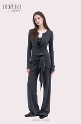 Royal Charcoal Frill Training Three-Piece Setup (Cardigan+Sleeveless+Pants)
