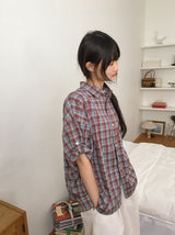 [unisex] カラニルチェックロールアップ半袖シャツ