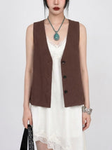 NATURAL LINEN BUTTON VEST (BROWN, BLACK 2COLORS!)