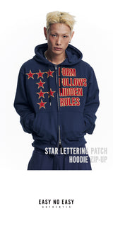 Star Lettering Patch Hoodie Zip-Up - Navy
