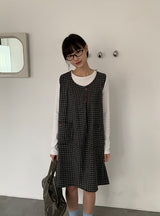 ガンスリン チェック スリーブレス ボタン ワンピース