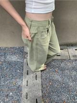 カーキコットンジーンズ ワイドカジュアルパンツ