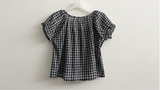 Checkered Ruffle Square Button Short Sleeve Blouse