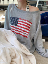 Western American Flag One-Off Shoulder Sweatshirt (6c)
