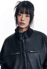 High Neck Leather Crop Jacket - Black