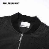 Black Rhinestone Embellished Shimmer Polyester Woven Ruched Sleeve Full Zip Bomber Jacket