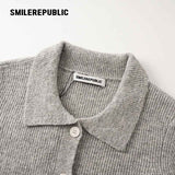 Gray Polyester Blend Ribbed Knit Embroidered Logo Fitted Button-Front Collared Cardigan for Women