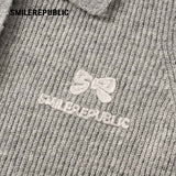 Gray Polyester Blend Ribbed Knit Embroidered Logo Fitted Button-Front Collared Cardigan for Women
