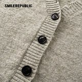 Gray Green Polyester Blend Distressed Trim Cropped V-Neck Button Front Knit Cardigan for Women