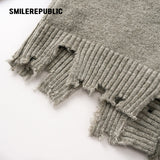 Gray Green Polyester Blend Distressed Trim Cropped V-Neck Button Front Knit Cardigan for Women