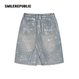 Denim Blue Metallic Coated Washed Denim Skirt with Asymmetric Front Slit and Raw Hem for Women
