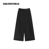 ブラック ウール混 ダブルウエスト プリーツ ワイドレッグ カフパンツ レディース