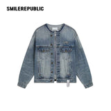 Denim Blue Washed 100% Cotton Oversized Zip Front Denim Jacket with Frayed Back Graphic