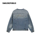Denim Blue Washed 100% Cotton Oversized Zip Front Denim Jacket with Frayed Back Graphic