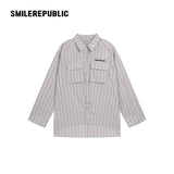 Gray Striped 100% Cotton Oversized Long Sleeve Button-Up Shirt with Chest Pockets