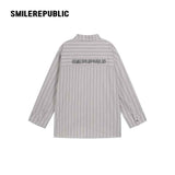 Gray Striped 100% Cotton Oversized Long Sleeve Button-Up Shirt with Chest Pockets
