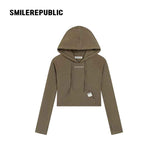 Women's Wool Blend Slim Fit Cropped Graphic Hoodie, Dark Green Gray Casual Streetwear Sweatshirt