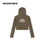 Women's Wool Blend Slim Fit Cropped Graphic Hoodie, Dark Green Gray Casual Streetwear Sweatshirt