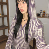 Pao Stripe Snap Button Coloring Long Sleeve Hooded T-Shirt