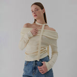 ネックリボンシャーリングオフショルダーTシャツ CREAM