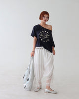 スターレタリングオフショルダーボクシー半袖Tシャツ