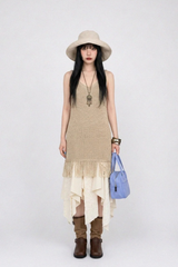FRINGE-HEM KNIT V-NECK DRESS IN BEIGE