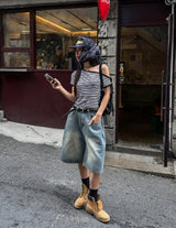 サイドピンタックウォッシュドバミューダデニムパンツ