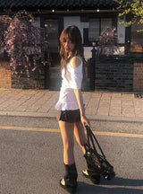 リビー フリル シャーリング オフショルダー ショートスリーブ Tシャツ