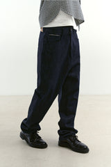 Natural High Waist Baggy Fit Selvedge Denim Pants(Navy)
