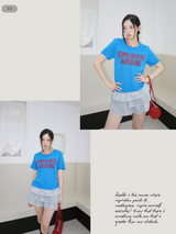 Blue Red Lettering Round Short-Sleeved Knitwear