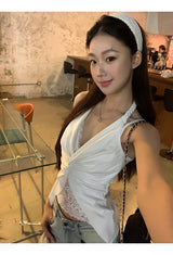 Twisted halter lace V-neck sleeveless top