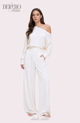 Waffle Asymmetrical Off-Shoulder Sweat Pants Set (TOP+PANTS SET)