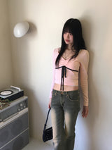 ルアーバレエコアリボンカラーハートネック長袖Tシャツ