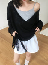 Wrap loose fit shirring hooded knit (4c)