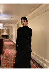 Half Turtleneck Black Flared Long Dress