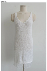FRINGE-HEM KNIT V-NECK DRESS IN WHITE