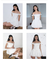 rirri SS25 New Arrival Tie-Detail Floral Contrast Patchwork Slim-Fit Adjustable Waist Slimming Resort White 100% Cotton Dress
