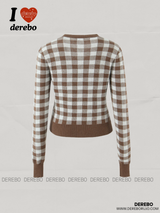 ブラウンVチェッカードロングスリーブカーディガン
