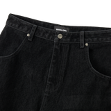 Velvet Stitch Curve Balloon Wide Denim Pants - BLACK