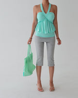 Shirred halter neck volume flare tank top