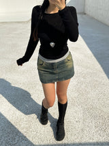 [BELT & INNER SHORTS] AUTUMN DENIM BROWN KHAKI DENIM SKIRT – SK