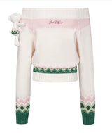 13DE MARZO Fair Isle Bear Off Shoulder Sweater Beige