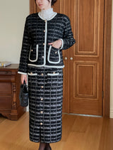 [Two-piece set] Rosy color matching knit cardigan banding skirt set