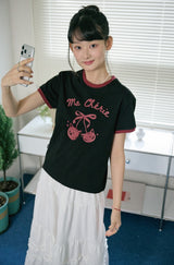 26SS★ Cherry Cats CROP Ringer Tee