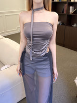 1327. Shine shirring curved scarf top set (4color)