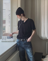 Nebi Shoulder Snap Henley Neck Short Sleeve T-shirt
