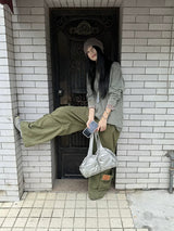 Khaki Cargo Wide Leg Straight Pants
