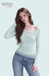 Mint chiffon mesh shirring long-sleeve tee