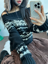 オフショルダー & リップラウンドネックツーウェイノルディックニット🩷🤎🖤2カラー