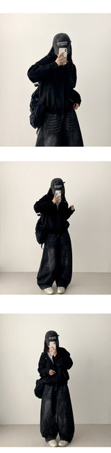 Judd waist back banding diagonal incision deep washing denim wide pants